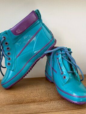 Vintage Active Elements Teal Purple Rain Boots Women’s Size 6 80s 90s